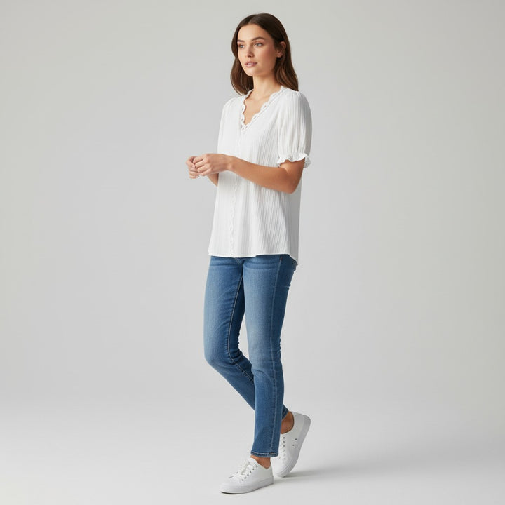 Lace Trim V-Neck Short Sleeve Blouse-Vyana Collective