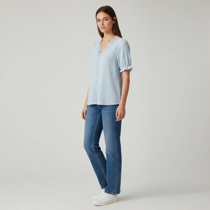 Lace Trim V-Neck Short Sleeve Blouse-Vyana Collective