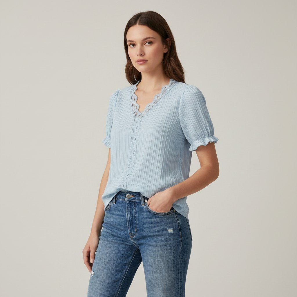 Lace Trim V-Neck Short Sleeve Blouse-Vyana Collective