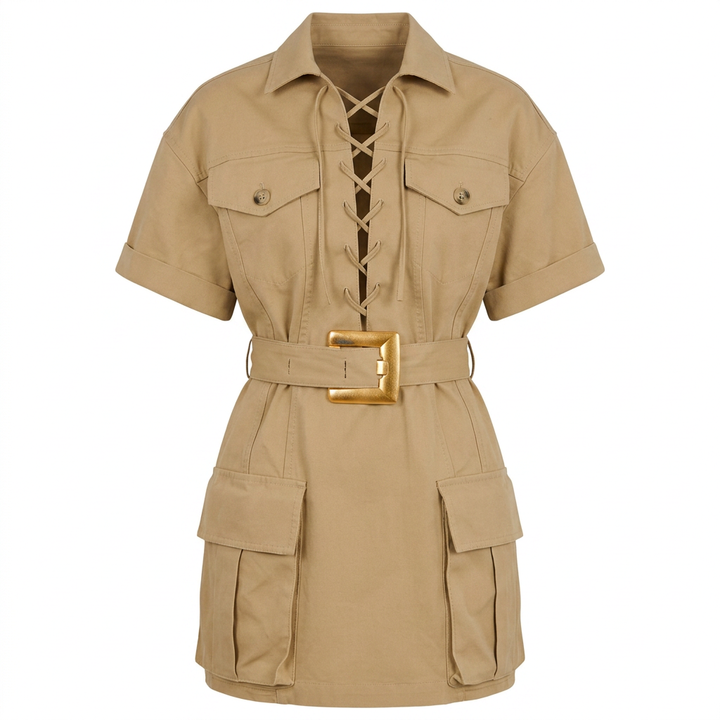 Lace-Up Utility Shirt Dress with Statement Belt for Weekend Chic and Everyday Style Women-Vyana Collective