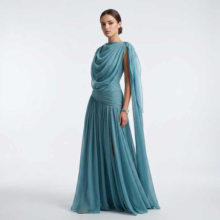 Lake Blue Draped Chiffon One Shoulder Cape Sleeve Maxi Dress-Vyana Collective