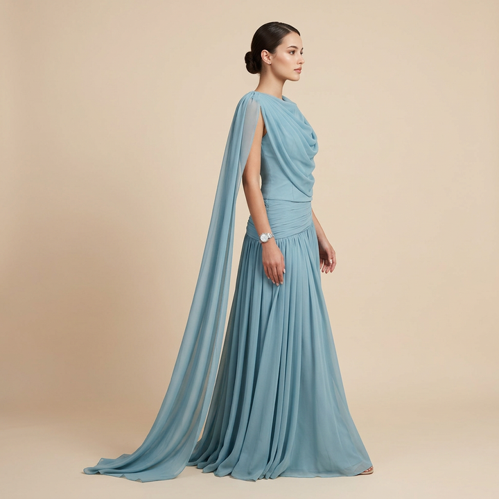 Lake Blue Draped Chiffon One Shoulder Cape Sleeve Maxi Dress | Vyana Collective-Vyana Collective