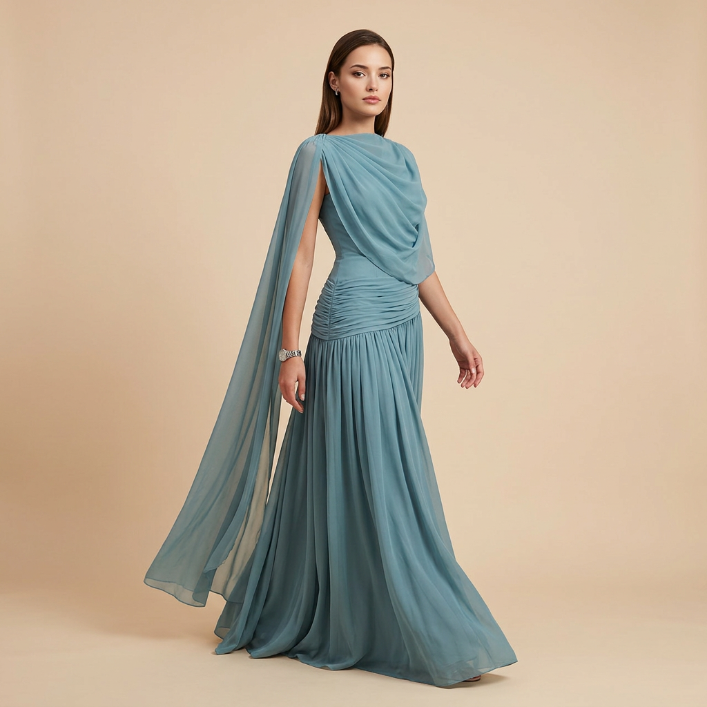 Lake Blue Draped Chiffon One Shoulder Cape Sleeve Maxi Dress | Vyana Collective-Vyana Collective