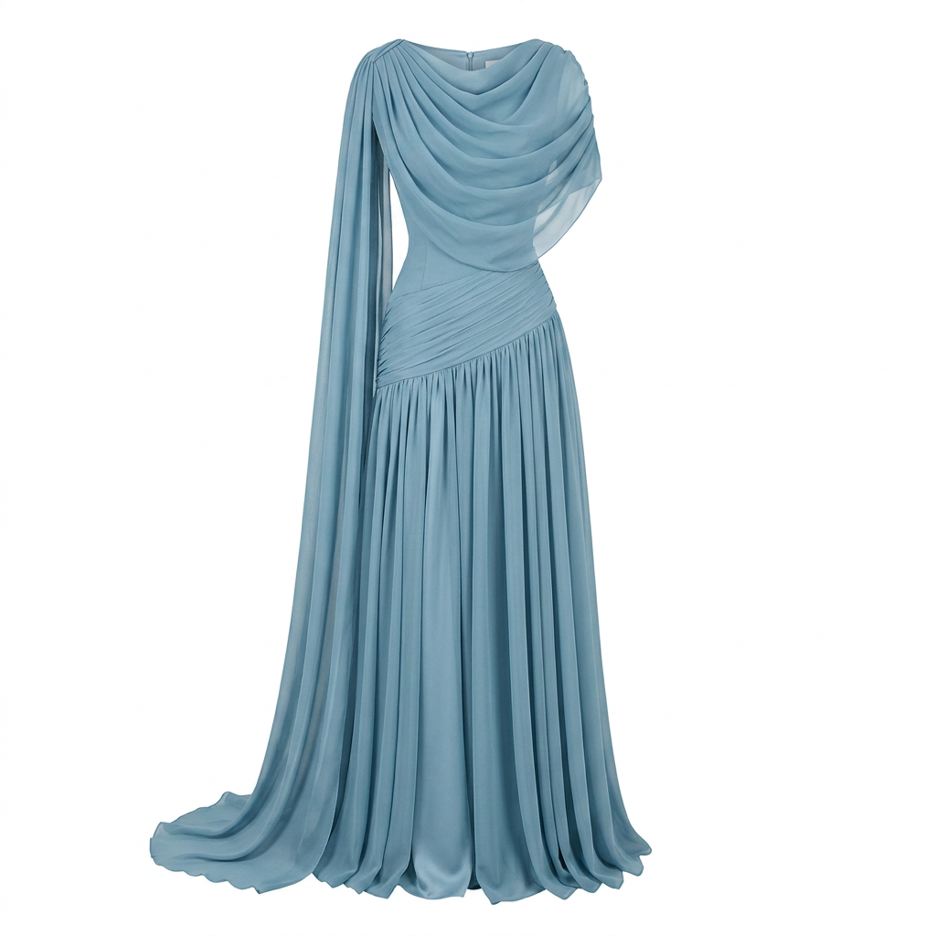 Lake Blue Draped Chiffon One Shoulder Cape Sleeve Maxi Dress | Vyana Collective-Vyana Collective