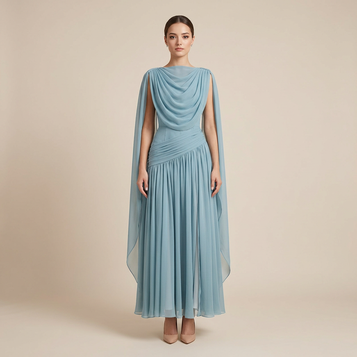 Lake Blue Draped Chiffon One Shoulder Cape Sleeve Maxi Dress | Vyana Collective-Vyana Collective