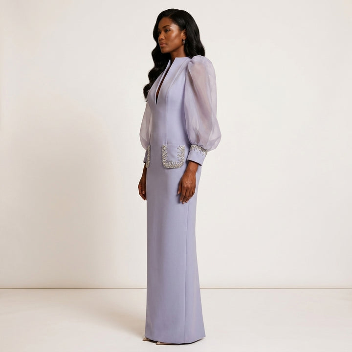 Lavender Crystal-Trim Organza Puff-Sleeve Column Maxi Dress-Vyana Collective
