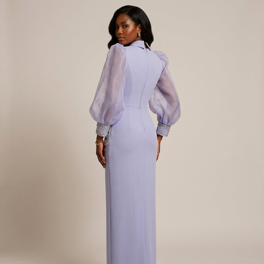 Lavender Crystal-Trim Organza Puff-Sleeve Column Maxi Dress-Vyana Collective