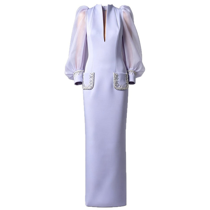 Lavender Crystal-Trim Organza Puff-Sleeve Column Maxi Dress-Vyana Collective