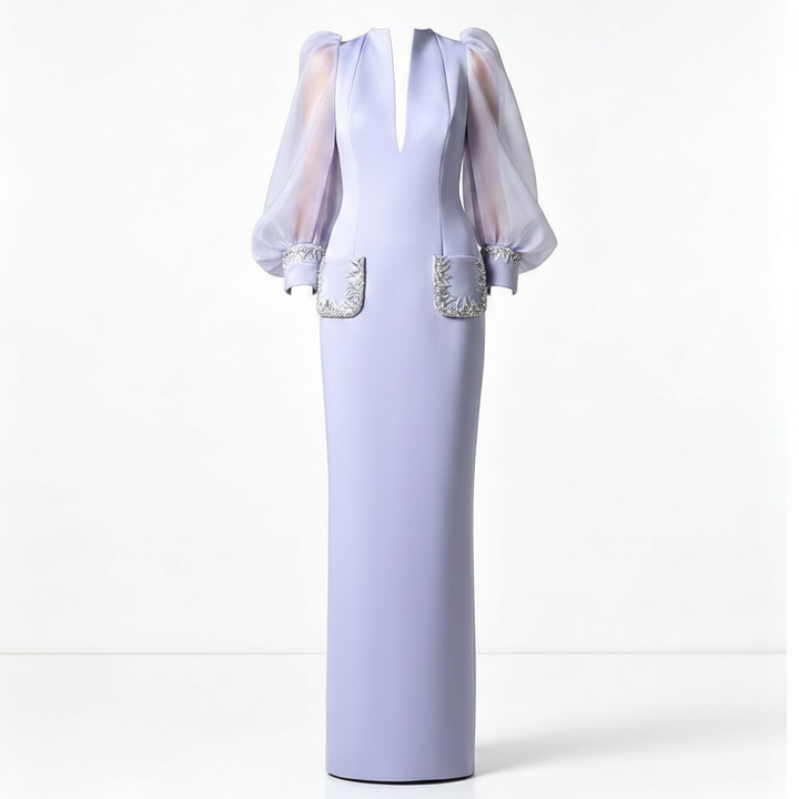 Lavender Crystal-Trim Organza Puff-Sleeve Column Maxi Dress-Vyana Collective