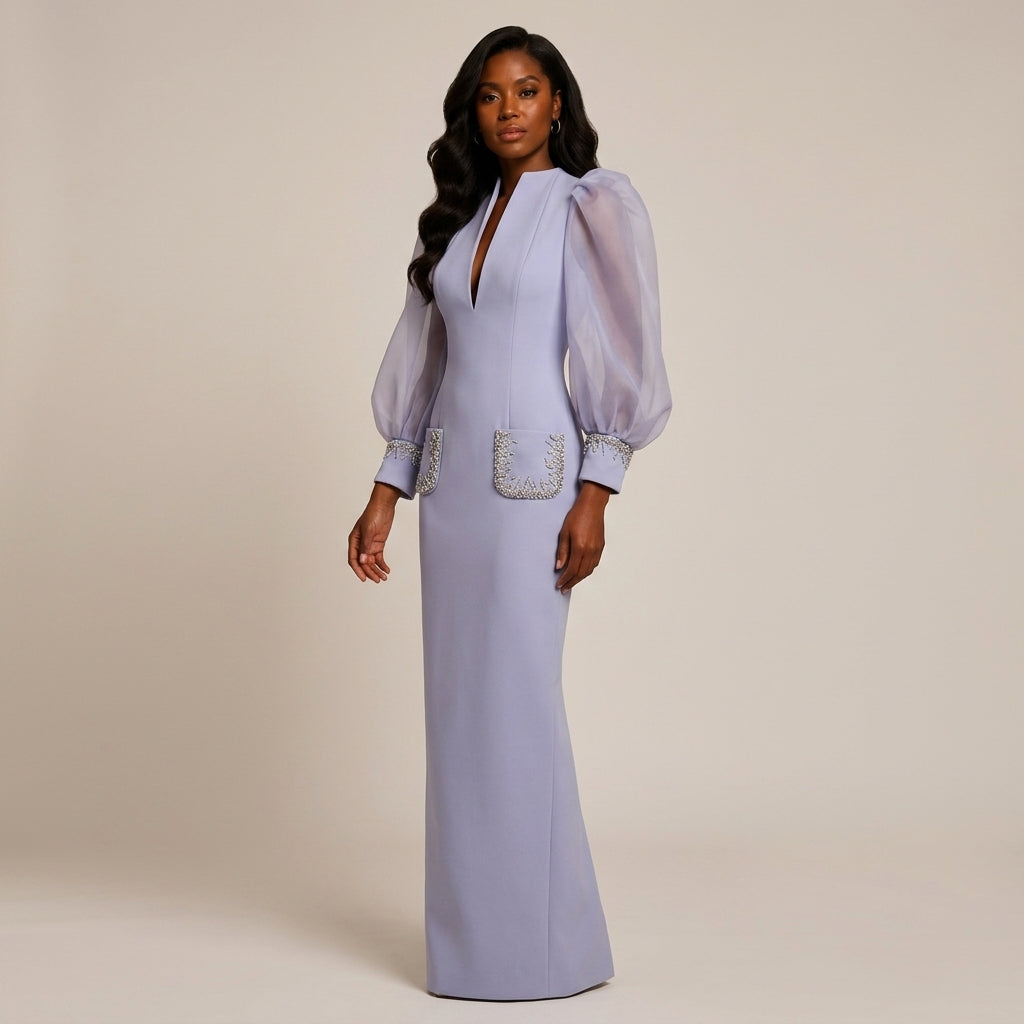 Lavender Crystal-Trim Organza Puff-Sleeve Column Maxi Dress-Vyana Collective