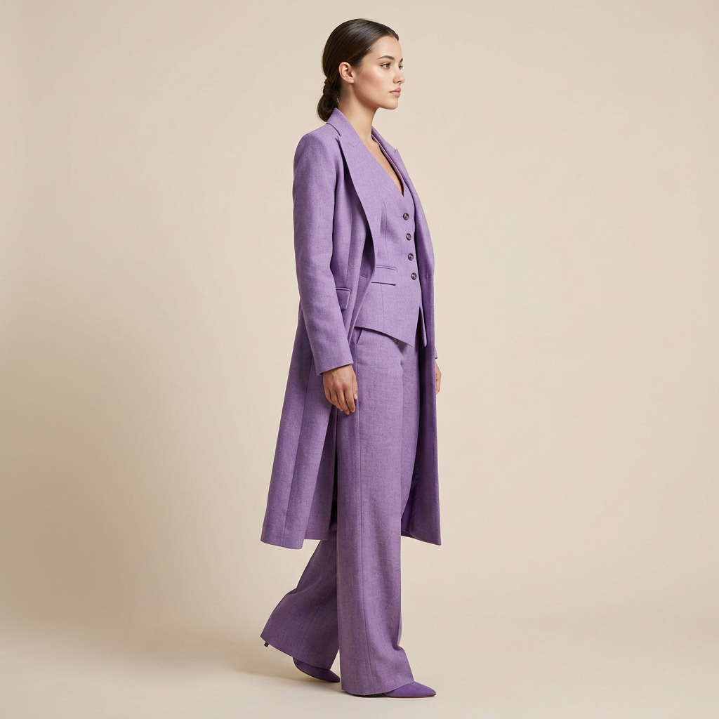 Lavender Longline Blazer, Vest and Wide Leg Pants Three Piece Suit for Weddings and Statement Occasion Style Women-Vyana Collective