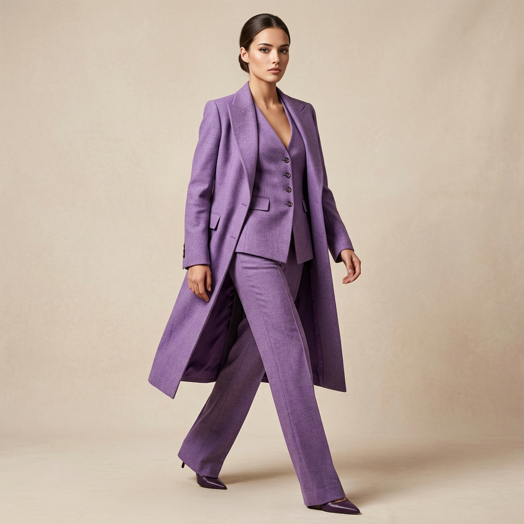 Lavender Longline Blazer, Vest and Wide Leg Pants Three Piece Suit for Weddings and Statement Occasion Style Women-Vyana Collective