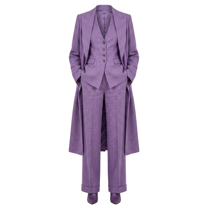 Lavender Longline Blazer, Vest and Wide Leg Pants Three Piece Suit for Weddings and Statement Occasion Style Women-Vyana Collective
