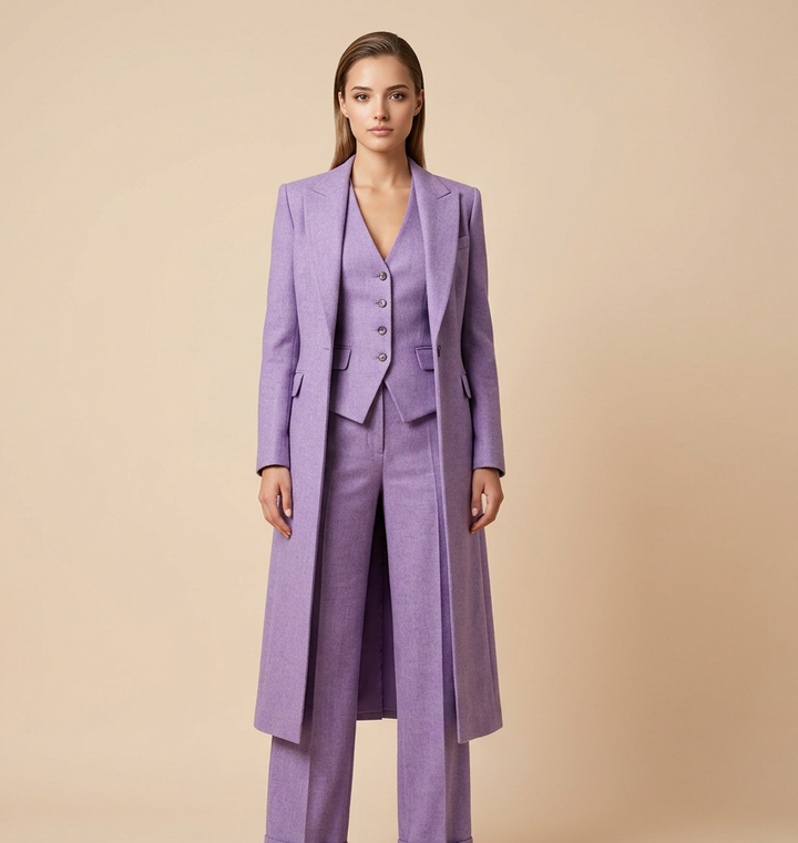 Lavender Longline Blazer, Vest and Wide Leg Pants Three Piece Suit for Weddings and Statement Occasion Style Women-Vyana Collective