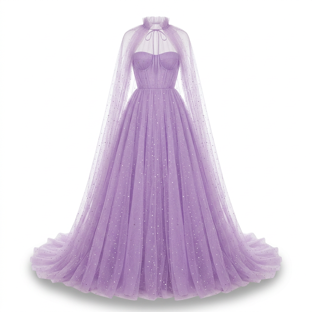Lavender Sparkle Tulle Halter Cape Gown-Vyana Collective