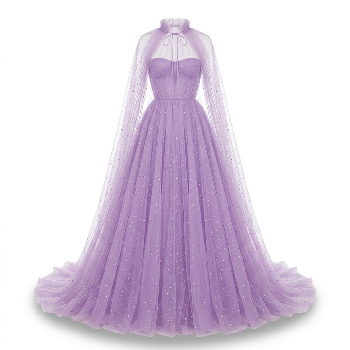 Lavender Sparkle Tulle Halter Cape Gown-Vyana Collective