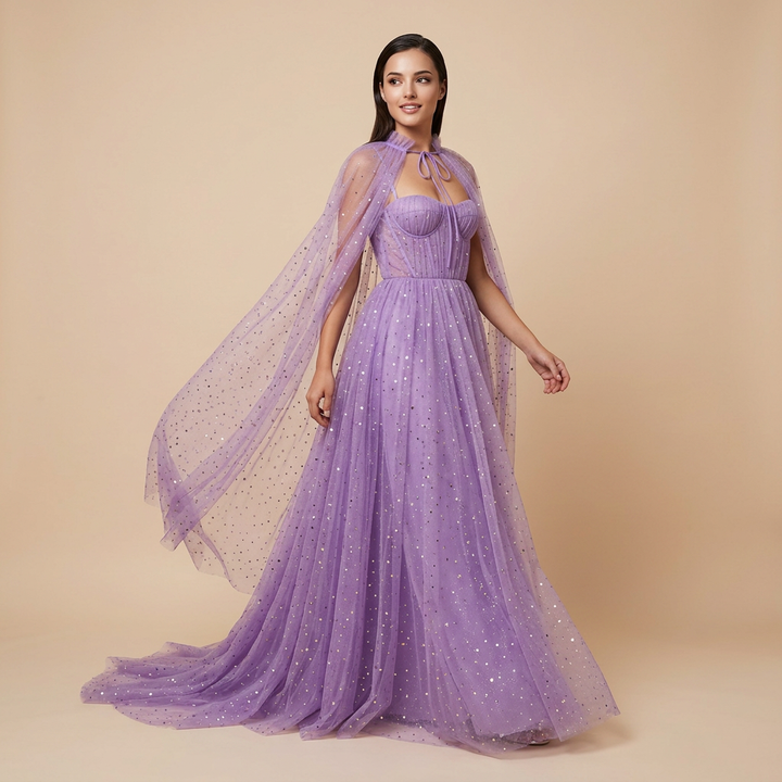 Lavender Sparkle Tulle Halter Cape Gown | Vyana Collective-Vyana Collective