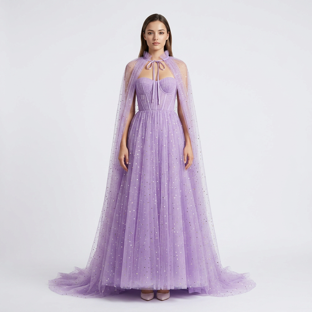 Lavender Sparkle Tulle Halter Cape Gown | Vyana Collective-Vyana Collective