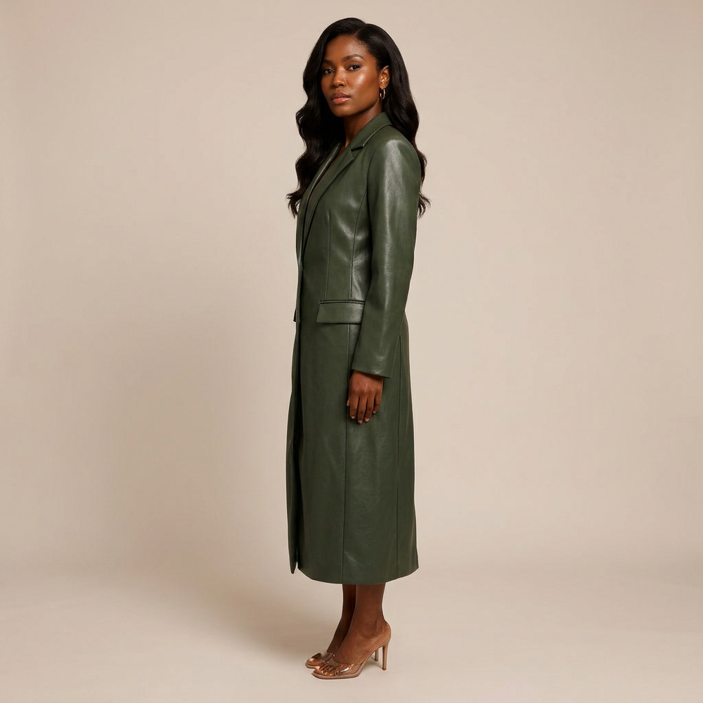 Leather Maxi Trench Coat with Shoulder Pads-Vyana Collective