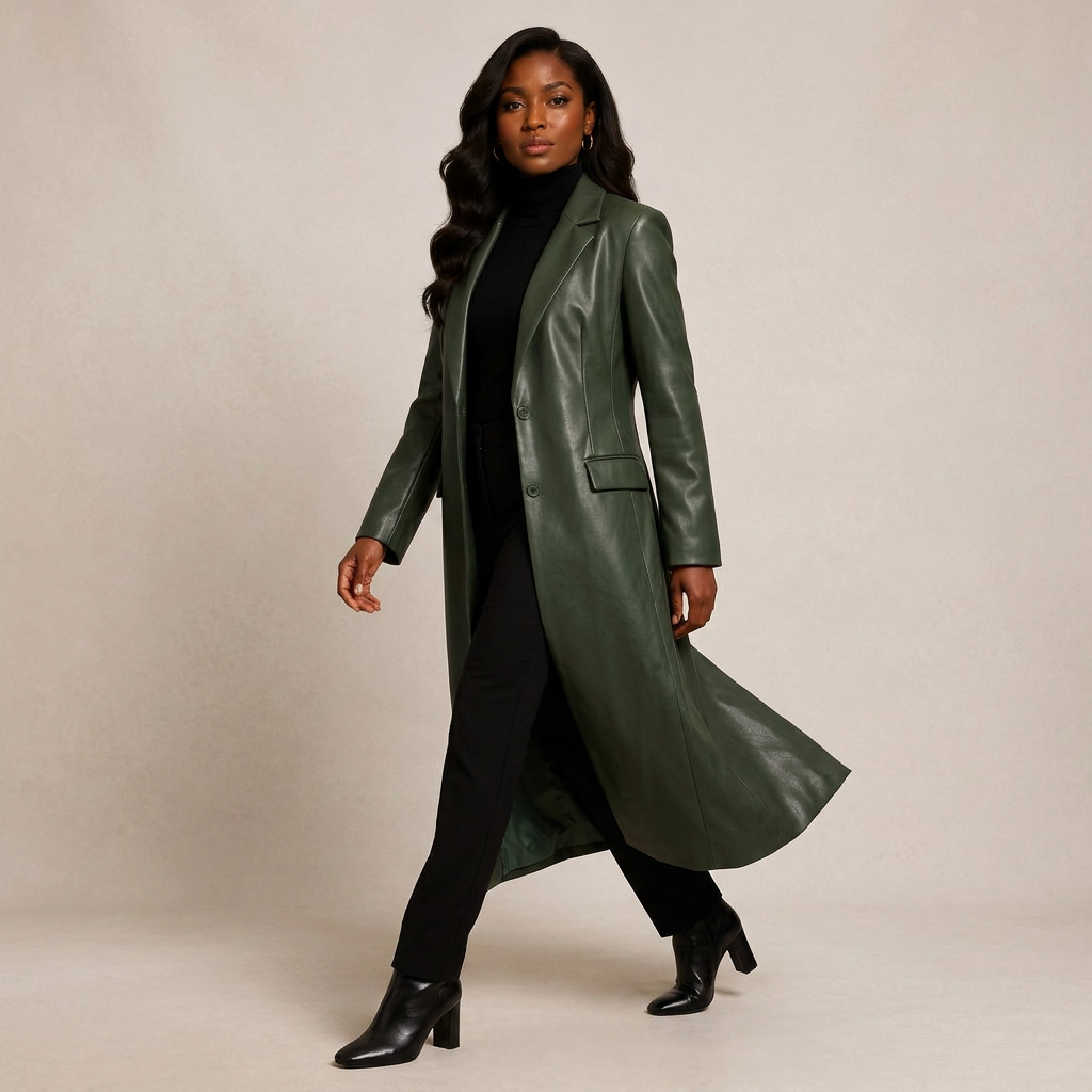 Leather Maxi Trench Coat with Shoulder Pads-Vyana Collective