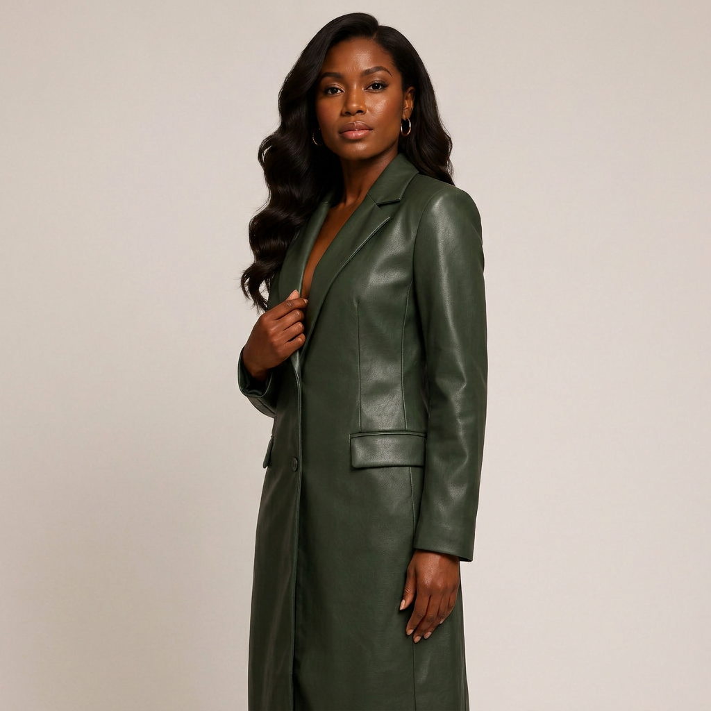 Leather Maxi Trench Coat with Shoulder Pads-Vyana Collective