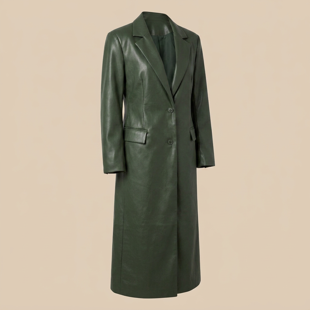 Leather Maxi Trench Coat with Shoulder Pads-Vyana Collective