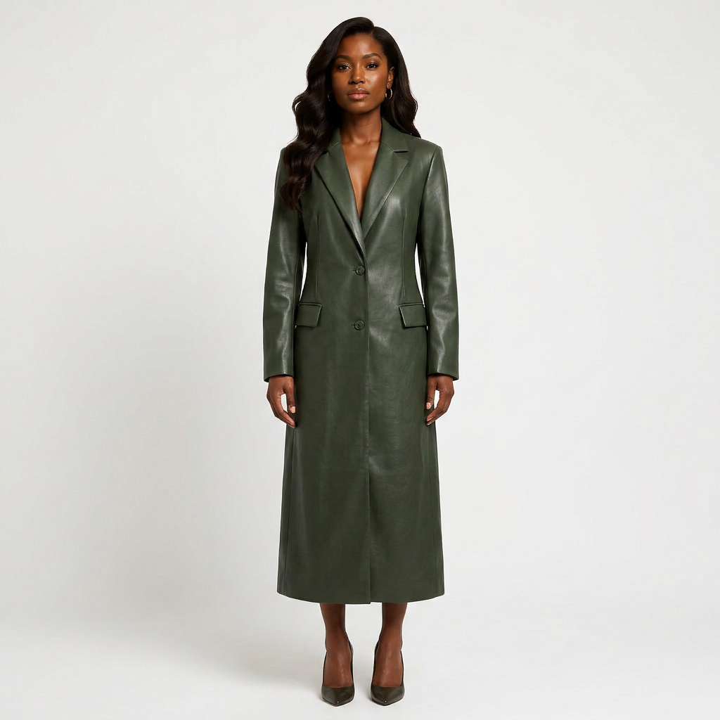 Leather Maxi Trench Coat with Shoulder Pads-Vyana Collective