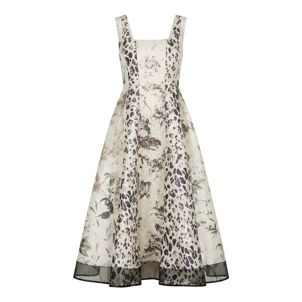 Leopard Botanical Print Square Neck Satin Midi Swing Dress-Vyana Collective