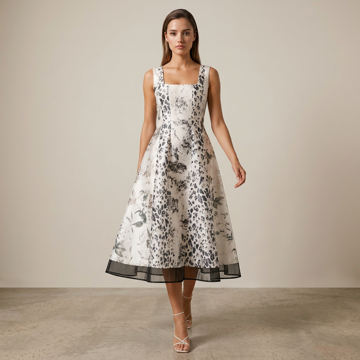 Leopard Botanical Print Square Neck Satin Midi Swing Dress-Vyana Collective
