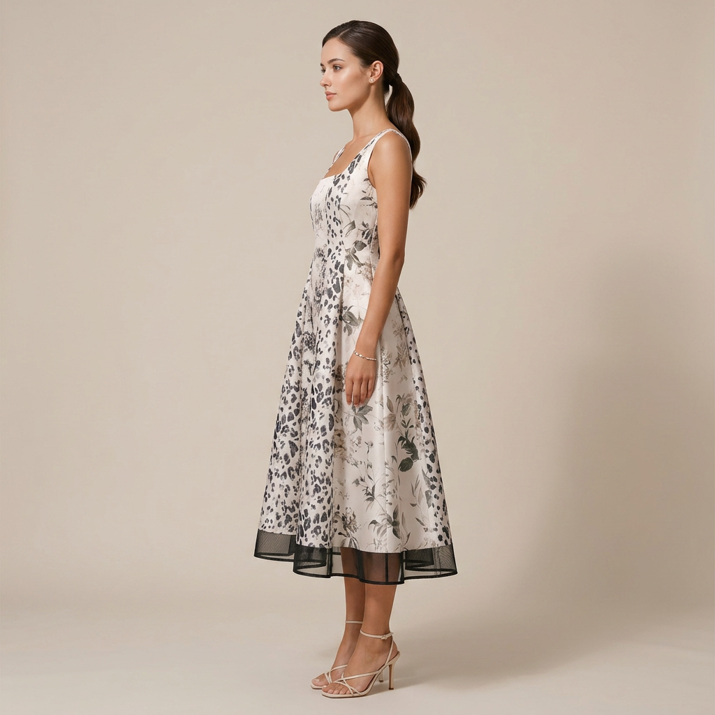Leopard Botanical Print Square Neck Satin Midi Swing Dress-Vyana Collective
