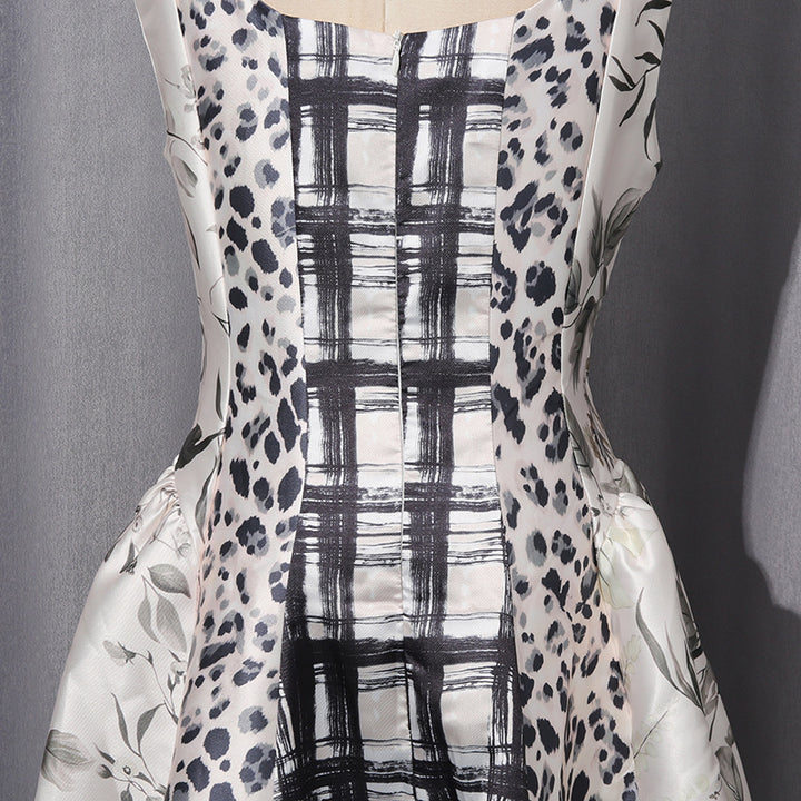 Leopard Botanical Print Square Neck Satin Midi Swing Dress-Vyana Collective