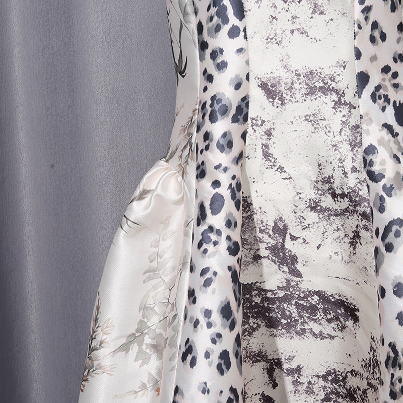Leopard Botanical Print Square Neck Satin Midi Swing Dress-Vyana Collective