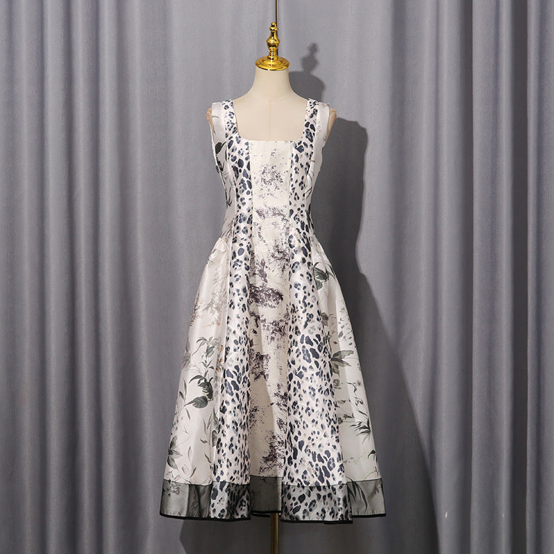 Leopard Botanical Print Square Neck Satin Midi Swing Dress-Vyana Collective