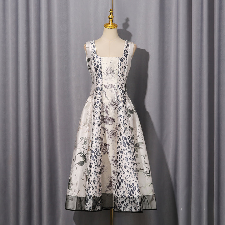 Leopard Botanical Print Square Neck Satin Midi Swing Dress-Vyana Collective