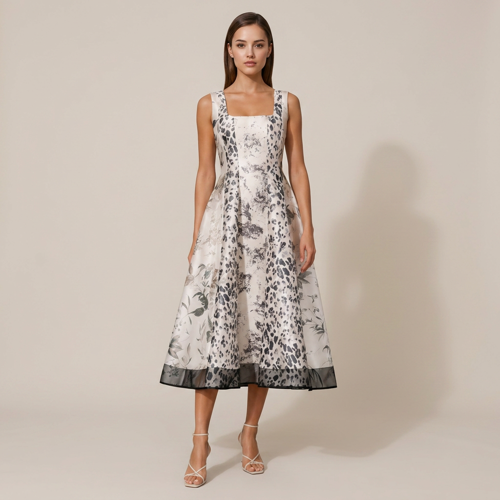 Leopard Botanical Print Square Neck Satin Midi Swing Dress-Vyana Collective