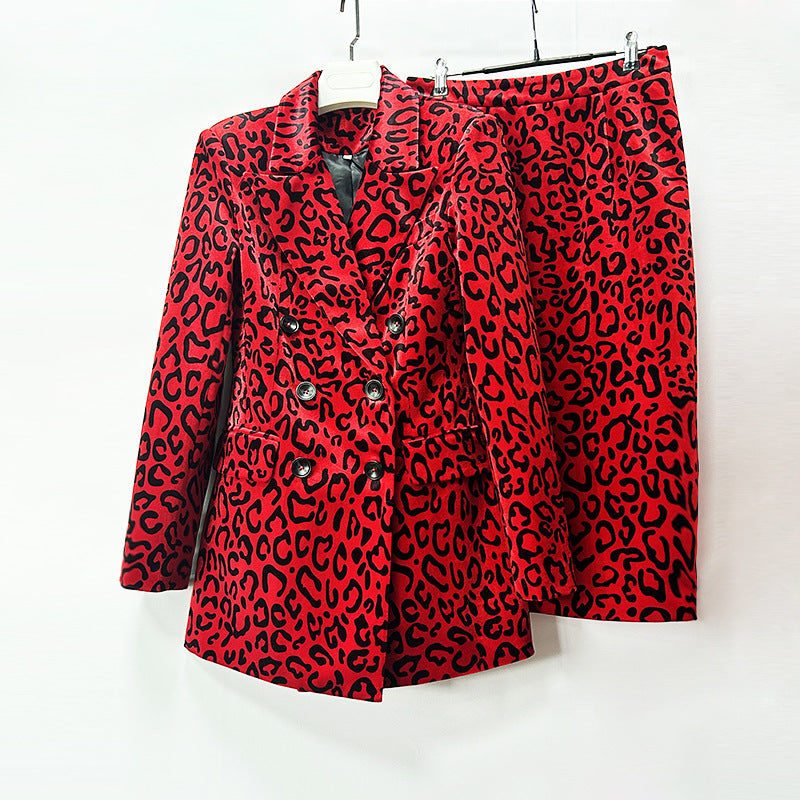 Leopard Print Double Breasted Blazer and Midi Pencil Skirt Set for Statement Office Style Women-Vyana Collective