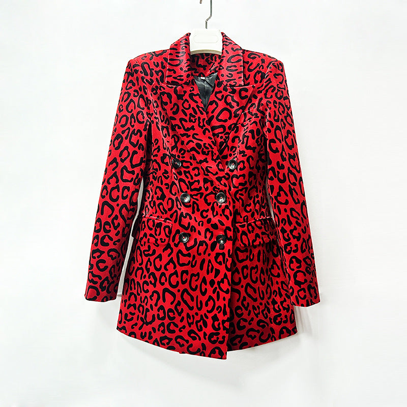 Leopard Print Double Breasted Blazer and Midi Pencil Skirt Set for Statement Office Style Women-Vyana Collective