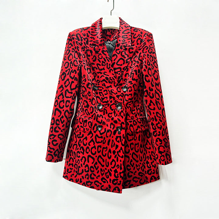 Leopard Print Double Breasted Blazer and Midi Pencil Skirt Set for Statement Office Style Women-Vyana Collective