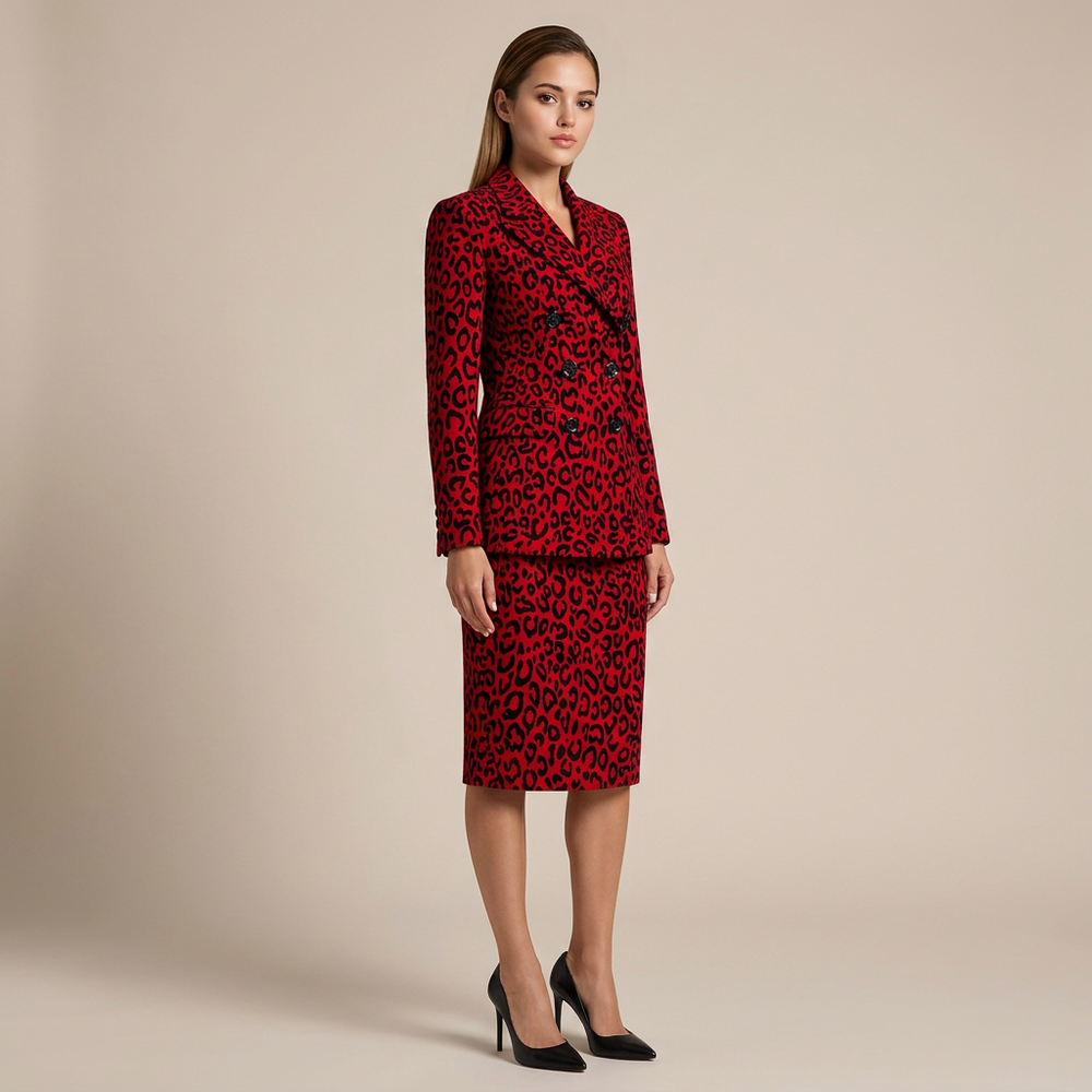 Leopard Print Double Breasted Blazer and Midi Pencil Skirt Set for Statement Office Style Women-Vyana Collective