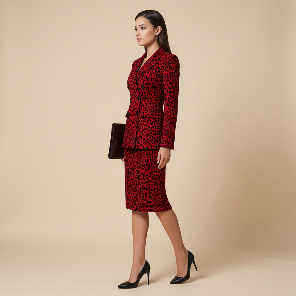 Leopard Print Double Breasted Blazer and Midi Pencil Skirt Set for Statement Office Style Women-Vyana Collective