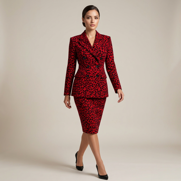 Leopard Print Double Breasted Blazer and Midi Pencil Skirt Set for Statement Office Style Women-Vyana Collective