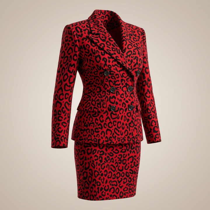 Leopard Print Double Breasted Blazer and Midi Pencil Skirt Set for Statement Office Style Women-Vyana Collective