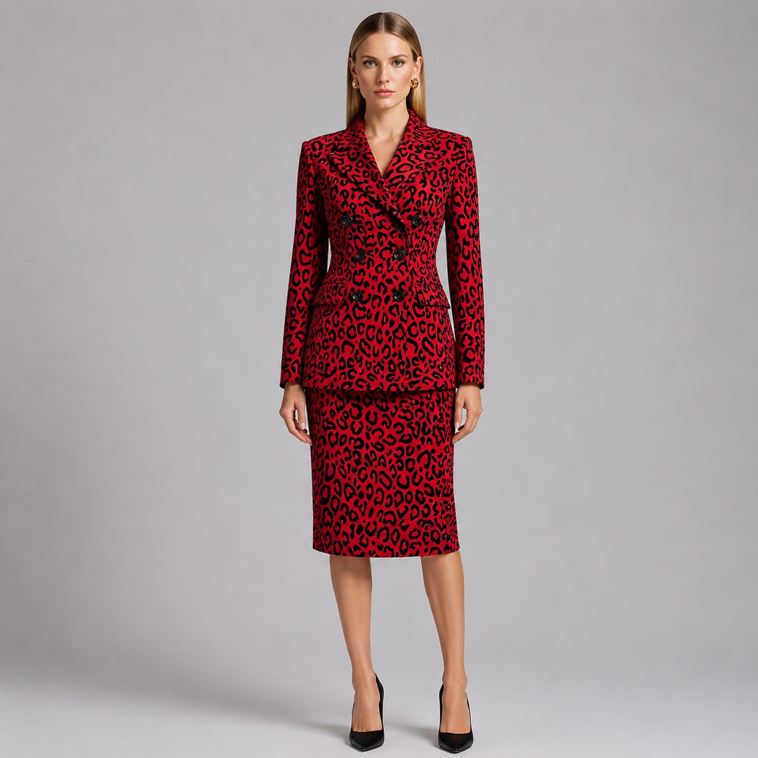Leopard Print Double Breasted Blazer and Midi Pencil Skirt Set for Statement Office Style Women-Vyana Collective