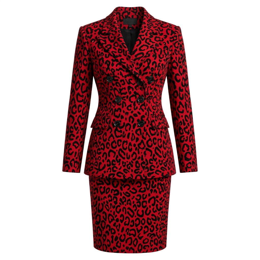Leopard Print Double Breasted Blazer and Midi Pencil Skirt Set for Statement Office Style Women-Vyana Collective