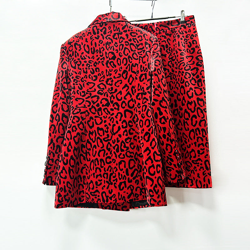 Leopard Print Double Breasted Blazer and Midi Pencil Skirt Set for Statement Office Style Women-Vyana Collective