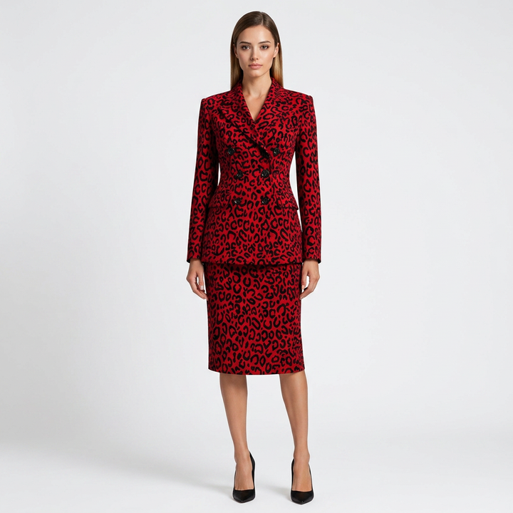 Leopard Print Double Breasted Blazer and Midi Pencil Skirt Set for Statement Office Style Women-Vyana Collective