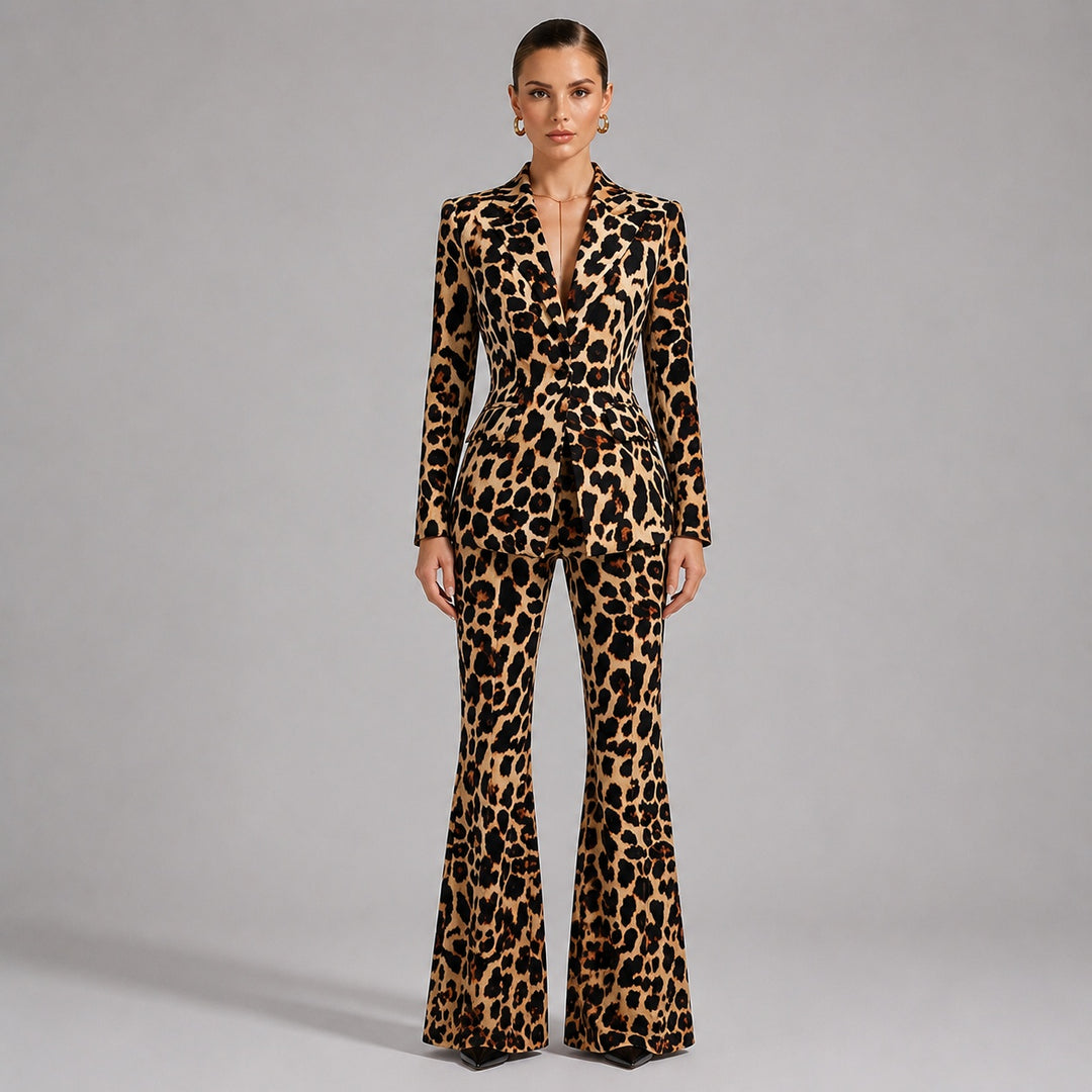 Leopard Print One-Button Blazer and Flared Pants Set for Friday Night Vibes Women-Vyana Collective