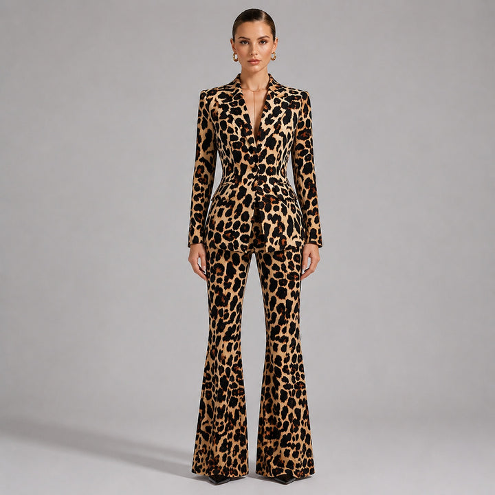 Leopard Print One-Button Blazer and Flared Pants Set for Friday Night Vibes Women-Vyana Collective