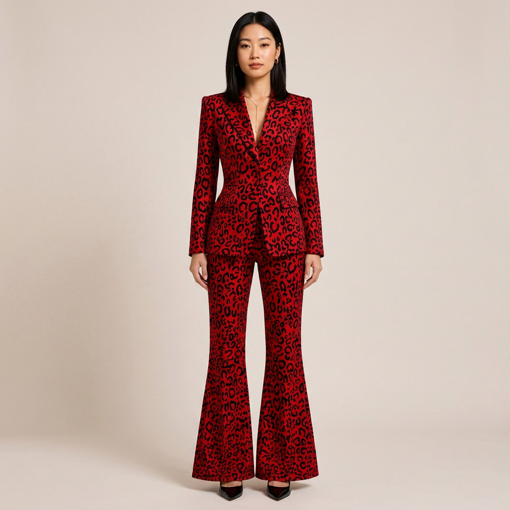 Leopard Print One-Button Blazer and Flared Pants Set for Friday Night Vibes Women-Vyana Collective