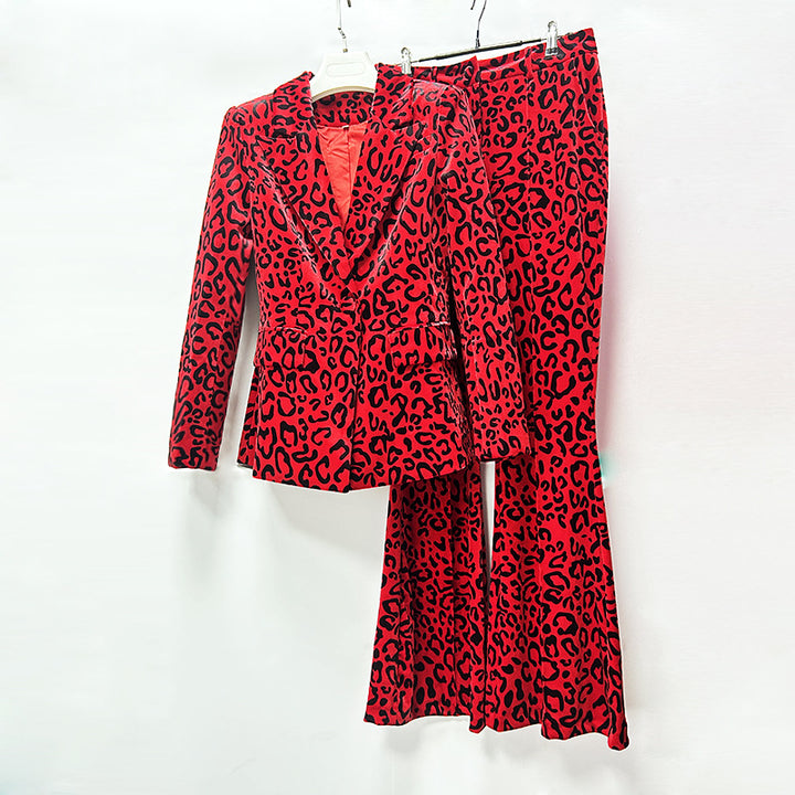 Leopard Print One-Button Blazer and Flared Pants Set for Friday Night Vibes Women-Vyana Collective